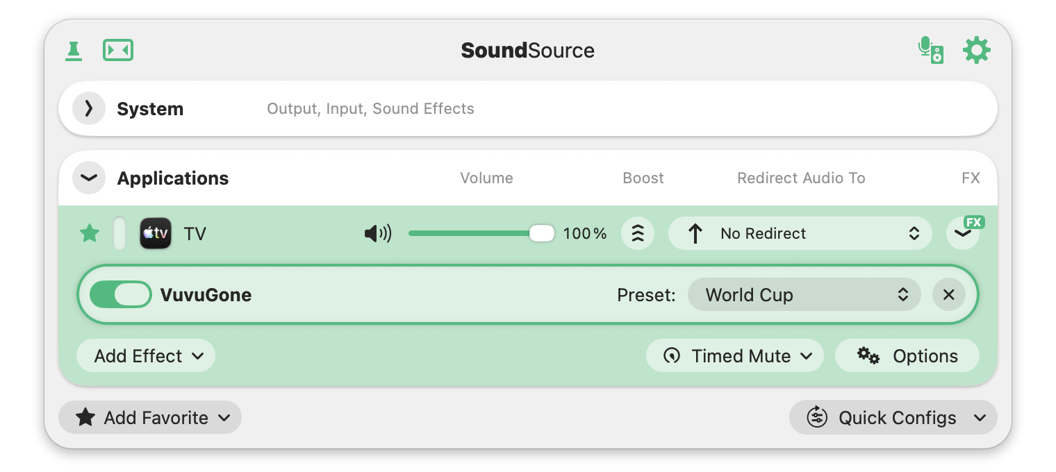 SoundSource applying the VuvuGone effect to a source